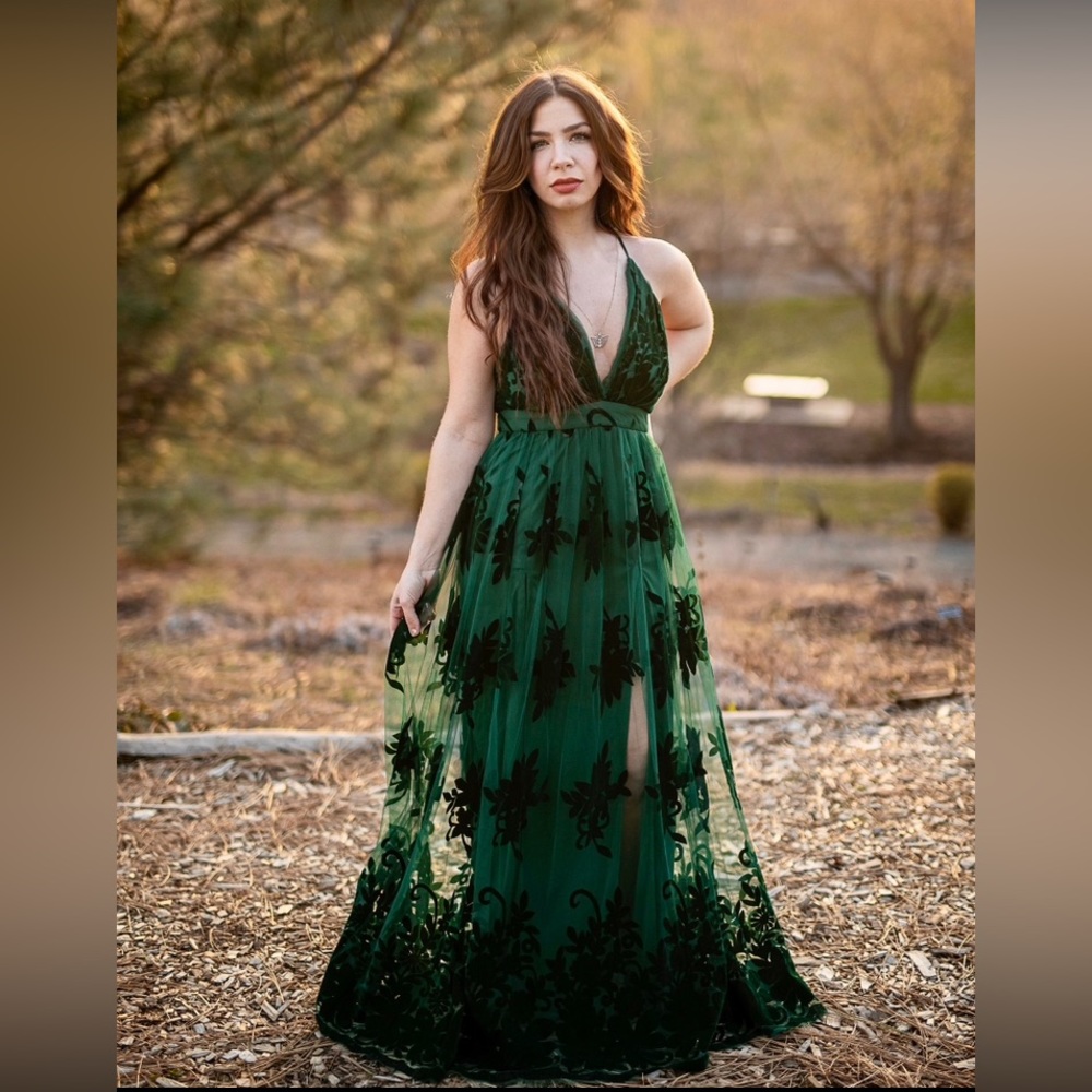 Windsor Morgan green flocked maxi dress